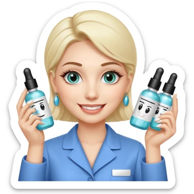 A smiling beautician with cold fake smile, calculating eyes, pointing at your cheek while holding 5 expensive serum bottle. predatory vibe.A face with a fake sweet smile, but the face is slowly consumed by shadows creeping from below. Only the cold, calculating eyes are visible in the dark sticker