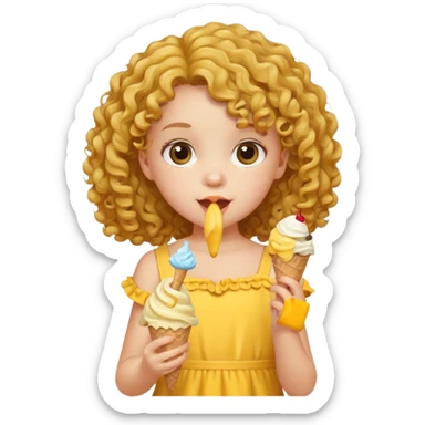 a little girl kid with curly hair, yellow dress, eat ice cream sticker