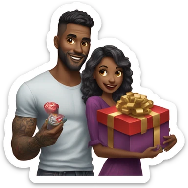 Hyper Realistic beautiful woman receiving a gift and a box of chocolates from a handsome tattooed man  sticker