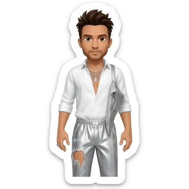 Howie Dorough with light tan skin, brown eyes, dark brown hair, white metallic shirt, white metallic baggy pants, silver necklace sticker