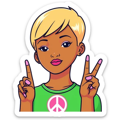 African-American female, with very short blonde pixie hair with bang to the side, wearing pink and green and the two finger peace sign sticker