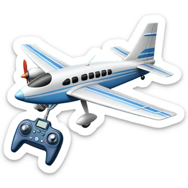 An icon featuring a remote-controlled model airplane soaring through the sky, with a detailed transmitter in the foreground. The sky is clear with motion lines showing flight. Transparent background emphasizes the precision, creativity, and joy of aeromodelling as a sport. sticker