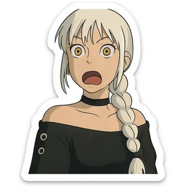 shocked young female with gold yellow eyes, white hair in a long braid, black off-shoulder top, punk gothic style sticker
