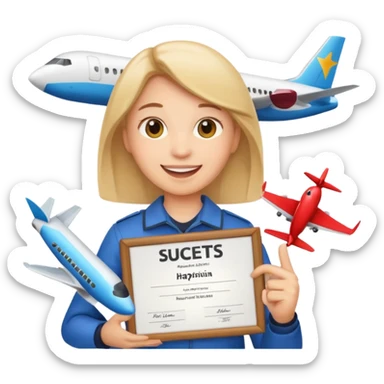 emoji student happy holding certificate IELTS 7.0, success, airplane, white background sticker