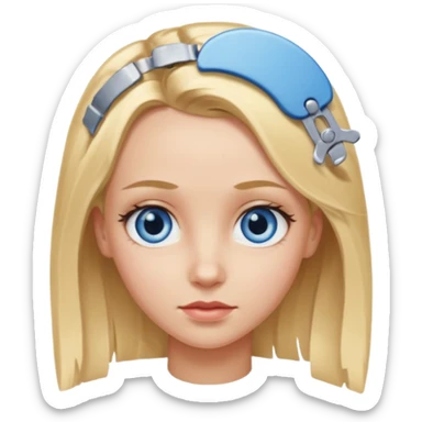 blonde girl, blue eyes with clips in hair and the forehead as big as megamind sticker