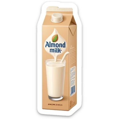 almond milk tall slim carton or bottle, beige or off-white, minimalist, neutral cap or spout, simple almond illustration, no text or branding, smooth light creamy milk, no glass or extra elements, clean 3D, soft shadows, transparent background, emoji scale sticker