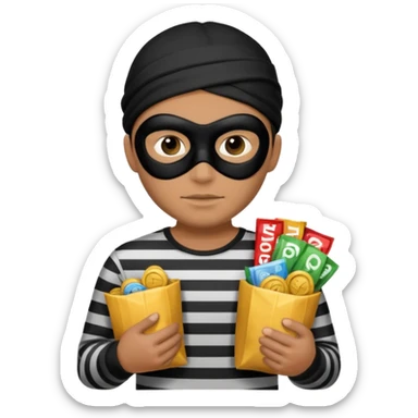 robber emoji with black mask and striped shirt, holding loot sticker