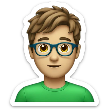 A boy with brown hairs with green eyes with blue eyeglasses with red t-shirt sticker