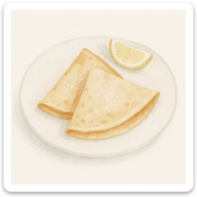 watercolor style french crêpes with delicate texture, served on a plate with lemon and powdered sugar sticker
