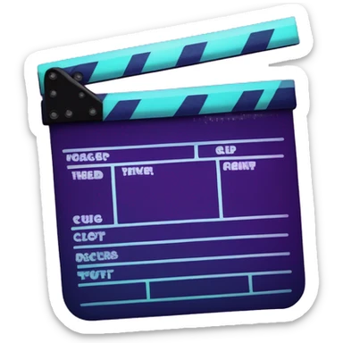 a movie clapper board with the words "clip page" across it, colors are deep purples and moody blues, neon light sticker