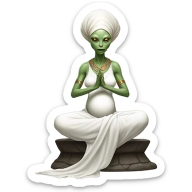 a Reptilian alien woman, pregnant, in meditation, white dress like a priestess sticker