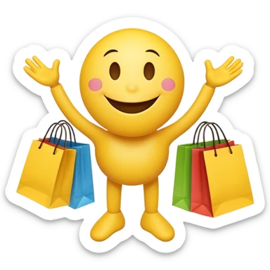 HAPPY SMILEY FACEWITH HANDS AND FEET EMOJI WITH SHOPPING BAGS IN EACH HAND sticker