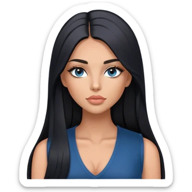 Glamours, tanned, very beautiful girl, with big pump peach-beige-rose lips, long long lashes, black straight smooth silky long hair, straight parting hair, blue-grey eyes, black v-neck vest sticker