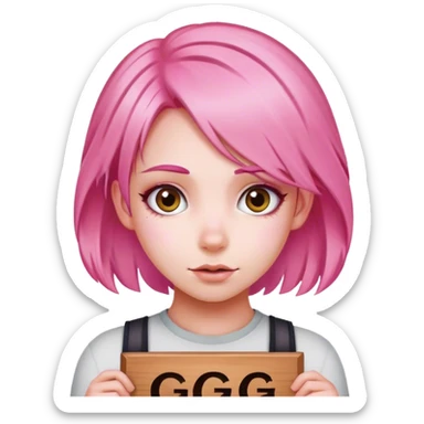 girl with pink hair, big sign, sign says "GG" sticker