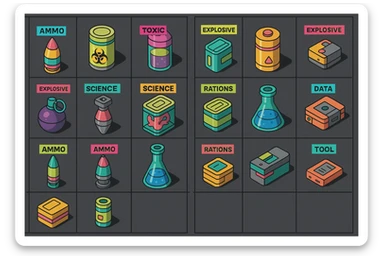 a virtual display, a gray grid with darker gray cells, each cell containing an item viewed in isometric minimalism render The cells have pastel neon colored labels in their upper corner, indicating various traits of the items. retrofuturism, circa 2880's.
The items are scientific and military in nature - varieties of munitions, scientific samples, rations, data storage, utilities. There are two arrays of grids, one left, one right. Each array has a few empty spaces at the bottom. "graphic realism." brutalism. the items are adorned in a combination of  bright colors, neon-safety, early 90's pallet, with muted gray tones in EVEN BALANCE. sticker