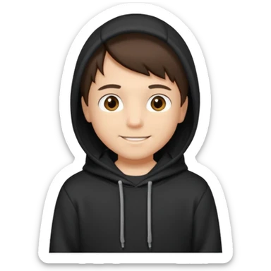 A brunette boy, short straight hair, light brown eyes, with a black sweatshirt with a hoodie, and smile  sticker