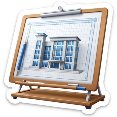Create a sleek and modern icon representing Architecture, featuring an engineer's drawing board with blueprints of a building and rulers. The design should be visually sophisticated, clean, and professional, without any emojis. The background should be transparent. sticker