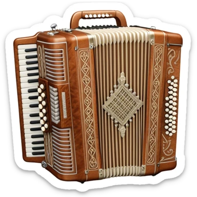 Cinematic Realistic image of a classic accordion, rendered with finely detailed textures and intricate keywork, set against a backdrop of soft, ambient lighting that highlights its vintage charm sticker