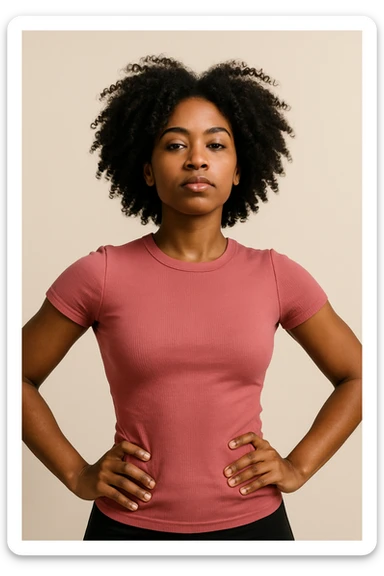 A young black woman with curly black hair, pink tight top, confident pose, minimal background. sticker