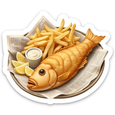 Fish and Chips Cinematic Realistic Fish and Chips Dish Emoji, depicted as a crispy battered fish fillet and golden chips served in traditional newspaper wrapping, rendered with lifelike textures and warm natural lighting that captures its iconic British street food charm  . sticker