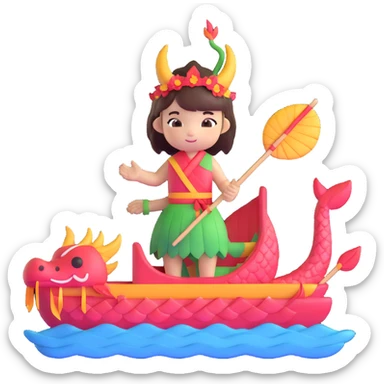 A chibi girl dressed as a dragon boat drummer, holding soft pastel drumsticks, standing in a fluffy dragon boat, colorful festival ribbons flying, sparkles and cute mini fish swimming below, soft pastel colors, watercolor texture, transparent background sticker