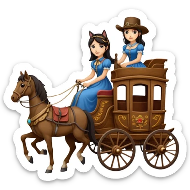  Rustic antique wood detailed 1854 pretty dark-haired Catgirl driving a huge horse-drawn stagecoach Caravan alone on a bumpy scary trail in the woods  sticker