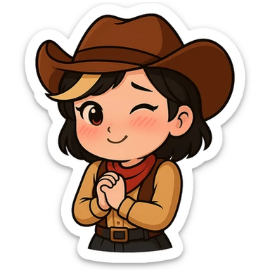 Chibi cowgirl with short hair and a blonde streak, wearing a cowboy hat and western outfit, no guns, chibi/anime style, transparent background, sized for Twitch or Discord use. Pose: hands clasped in front, shy and blushing expression. sticker