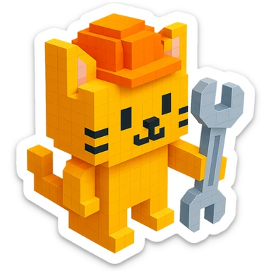 worker cat with orange construction hat holding a wrench in voxel style sticker