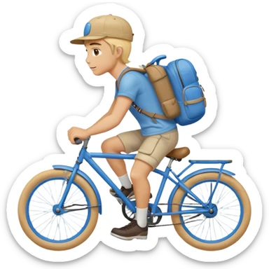 A blond guy in a cap and with a backpack on his back rides a blue bike sticker