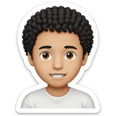 a black boy with a curly hair and a white t shirt no teet sticker