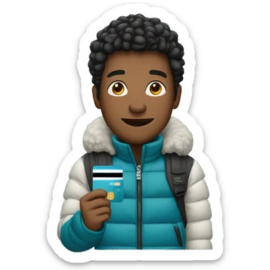 Man in shiesty and puffer jacket, holding a credit card sticker