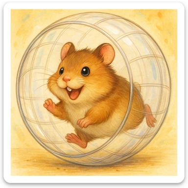brown hamster running inside a clear exercise ball, cute, energetic sticker