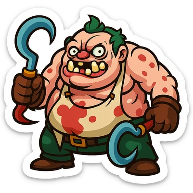 Cartoonish redesign of Pudge from Dota 2, exaggerated features, vibrant colors, playful style sticker