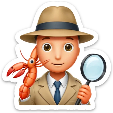 The shrimp detective in a tie and a hat with a magnifying glass sticker