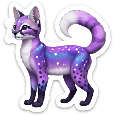Colorful black-violet-indigo-purple-gradients nebulae nebula starry galactical shiny white-stars-spotted glorious iridescent divine exotic cute cool beautiful realistic caracal-civet-genet-sergal-vernid-Cacomistle-Trico-oncilla-animal-Fakémon-hybrid-fursona (full body) sticker