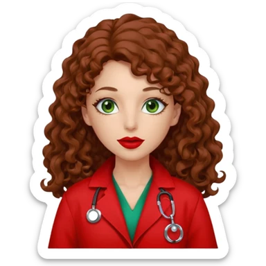 Lilith symbol sexy evil woman. She has green eyes.  had brown long curly hair.  evil surgeon kills with scalpel wears red sexy doctor coat with red mouth cover red gloves. Covers nose, neck  and mouth with Muslim red berka sticker