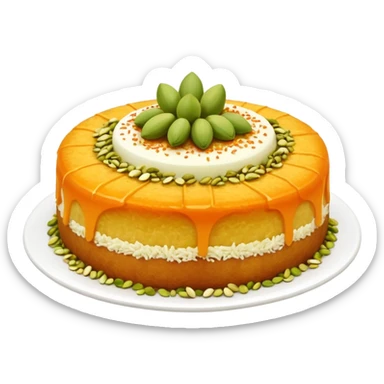 A small round emoji of traditional kanafeh with golden-orange crispy threads, a gooey white cheese center, and a light sprinkle of green pistachios. Warm and delicious-looking. sticker