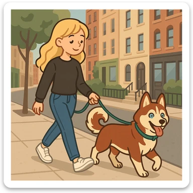 Cute Blonde woman wearing a black sweater and jeans and white sneakers walking a happy red-brown blue-eyed Siberian husky in New York City on an upper east side city sidewalk, flat toon style  sticker