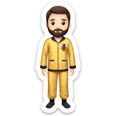 Grown up man with brown eyes, dark brown long hair, white skin, medium beard, full body in cute bee pijama sticker