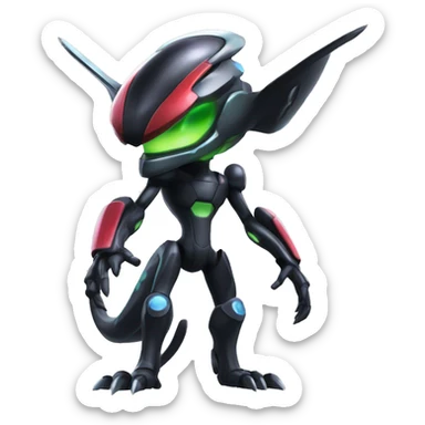 a shiny black Genesect-Flygon-Raptor-Fakémon-Medabot-hybrid with a futuristic visor-helmet full body sticker