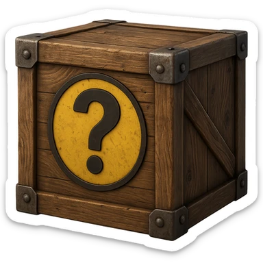 Realistic wooden crate with pronounced wood grain, metal reinforced corners, and a large central question mark. No background. Variant 2. sticker
