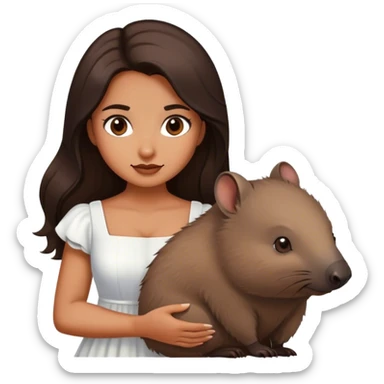 Beautiful woman in 1950’s woman fashion look, white dress, long dark brown hair, wombat sticker