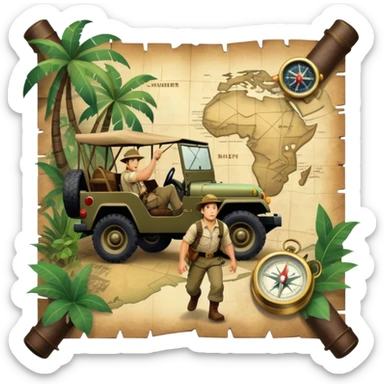 A vintage movie poster-style collage. Include action-packed elements like a treasure map, jungle scenes, a rugged explorer with a compass and a speeding jeep. Add a shadowy figure resembling close-up Mark Wahlberg in adventurous gear. Dramatic lighting, dynamic composition. Transparent background. sticker