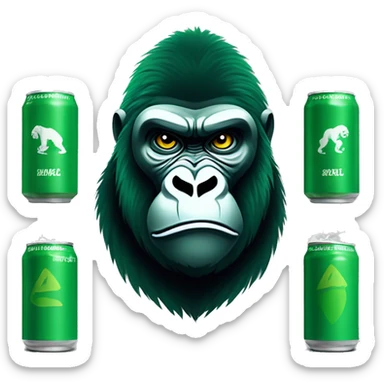 Create an emoji of a gorilla’s face with a determined and fierce expression. Use different shades of green for the entire design, matching the green color palette of the energy drink can. The design should be bold and eye-catching sticker