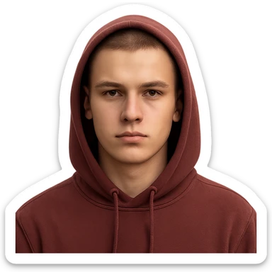 European male youth wearing maroon hoodie with hood up, short brown buzzcut, smooth skin, oval face, strong jawline, high cheekbones, sharp focused eyes, straight eyebrows, calm neutral look sticker