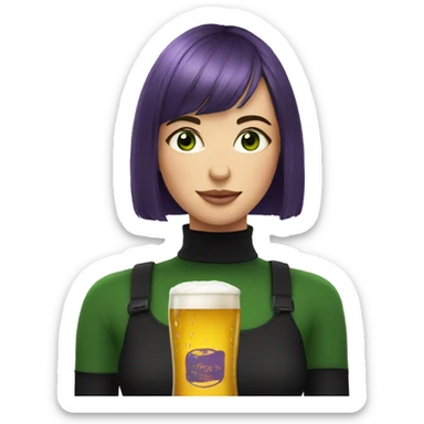 a girl with green eyes, in a black turtleneck, a dark purple bob with bangs, holds a beer sticker