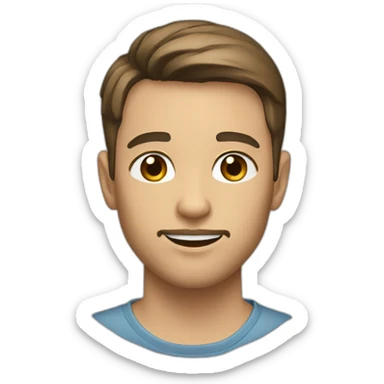 Young man with short brown hair, brown eyes and light skin. With a chin curtain beard sticker