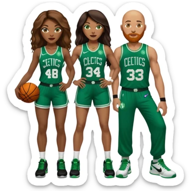 48-year-old black woman with brown eyes, long dark brown balayage hair dressed in sexy 
celtics jersey costume outfit & stilettos with bald white man with ginger beard, with blue eyes, wearing a Jason Tatum Boston Celtics Jersey, matching Nike sneakers  sticker