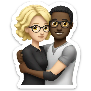 Blonde woman hugging black man with black hair wearing glasses sticker