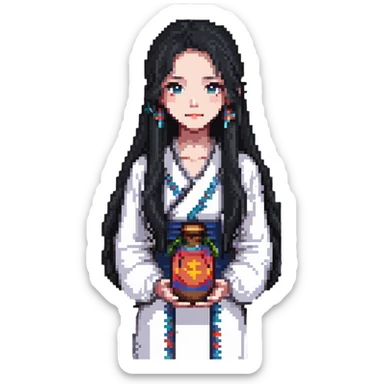 Beautiful girl with long black hair holding a jianghuangsed sticker